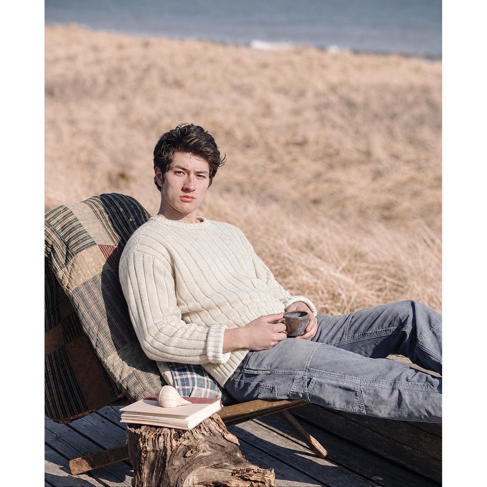 RRL Ralph Lauren Mens Large Cream Ribbed Knit Sweater Fisherman Double RL L